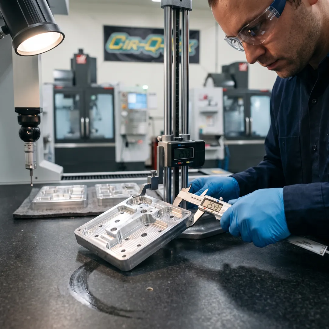 Technician inspecting a custom CNC aluminum part