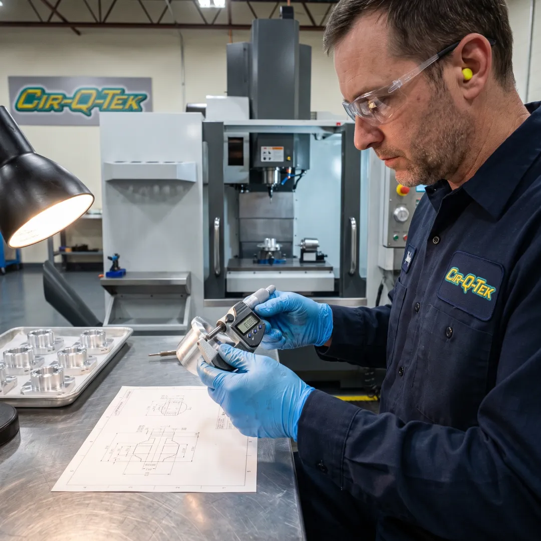 Technician inspecting a CNC-machined component