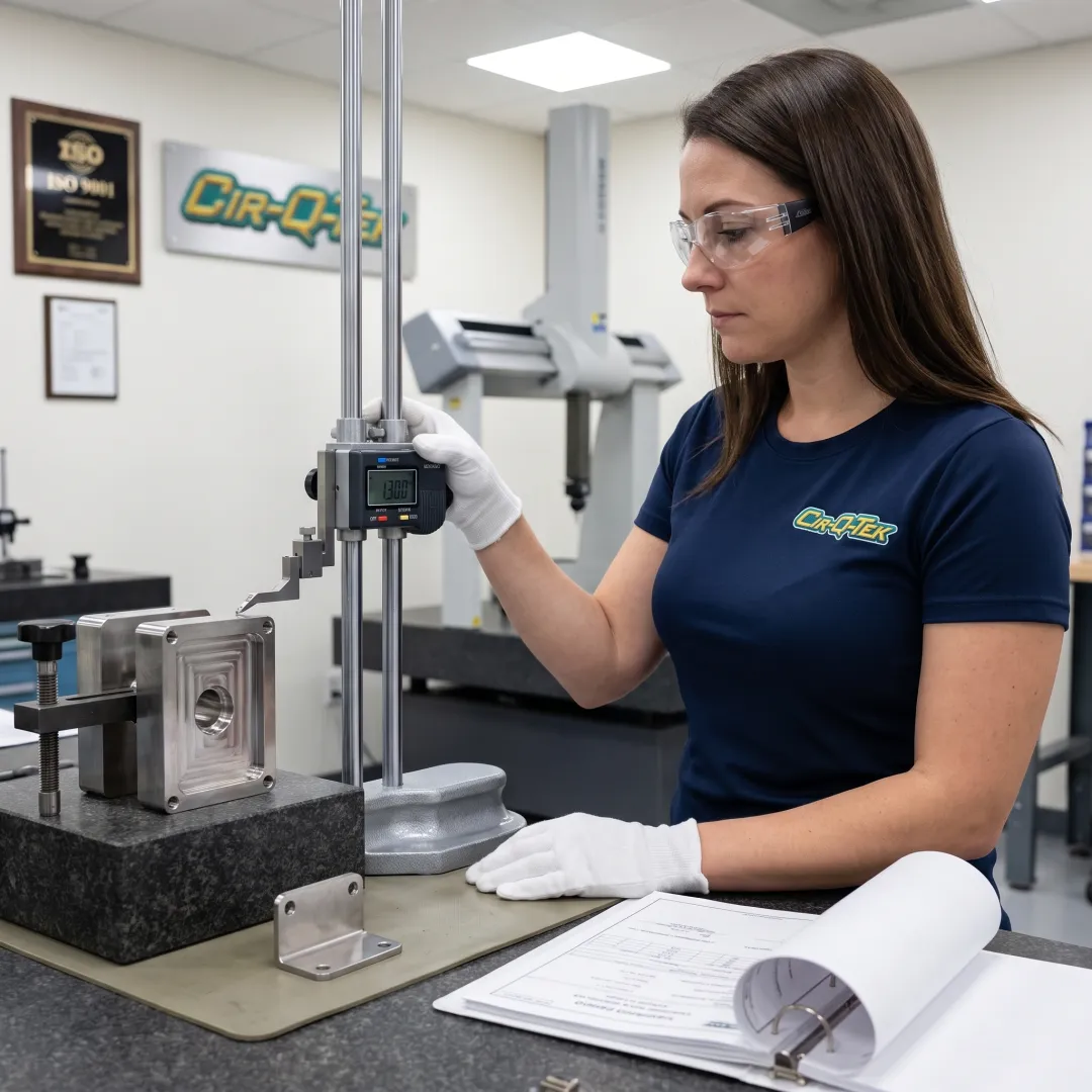 Technician inspecting a machined stainless steel part