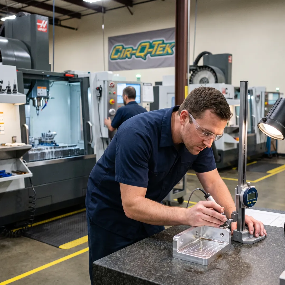 Technician inspecting a machined component