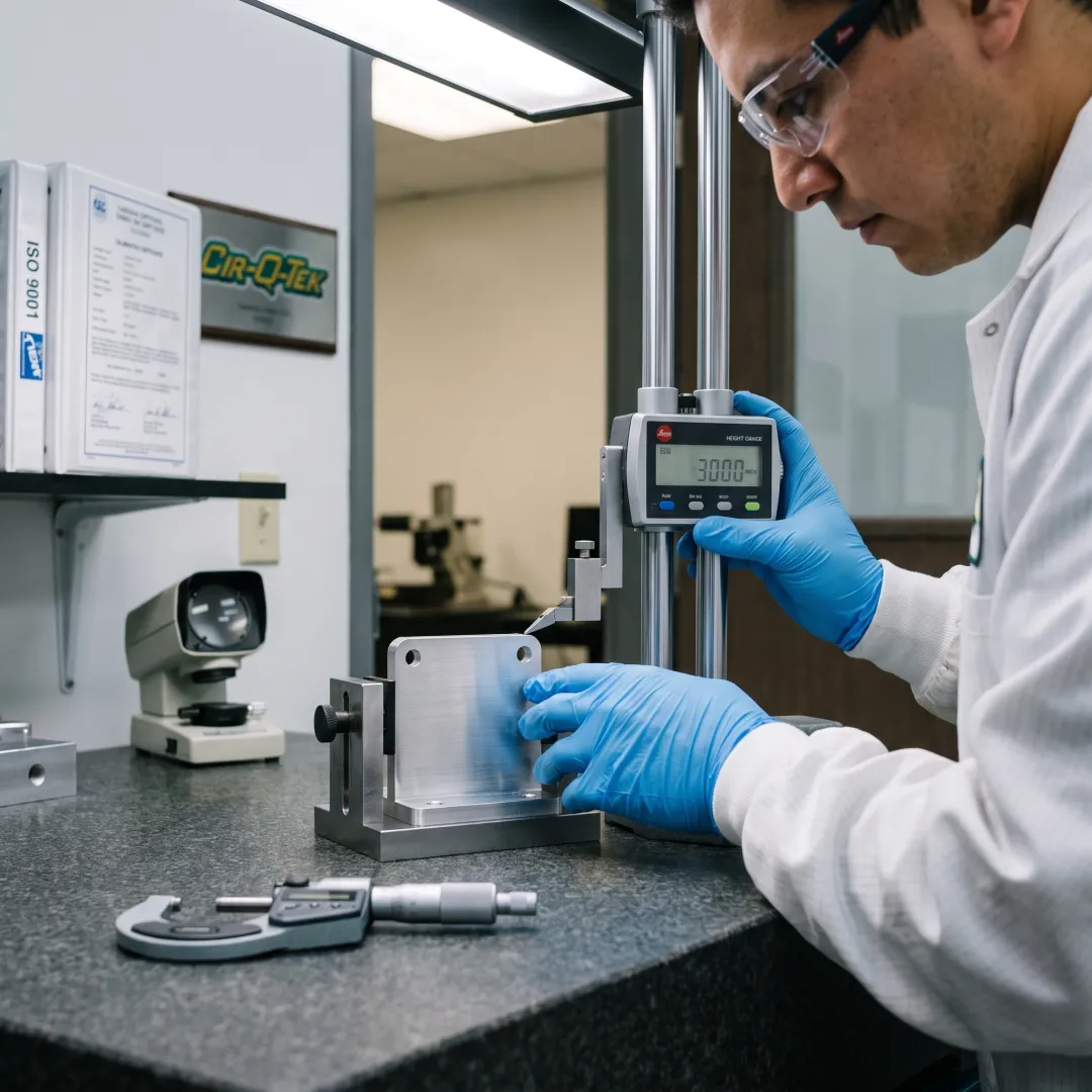 Technician inspecting a precision CNC-machined part