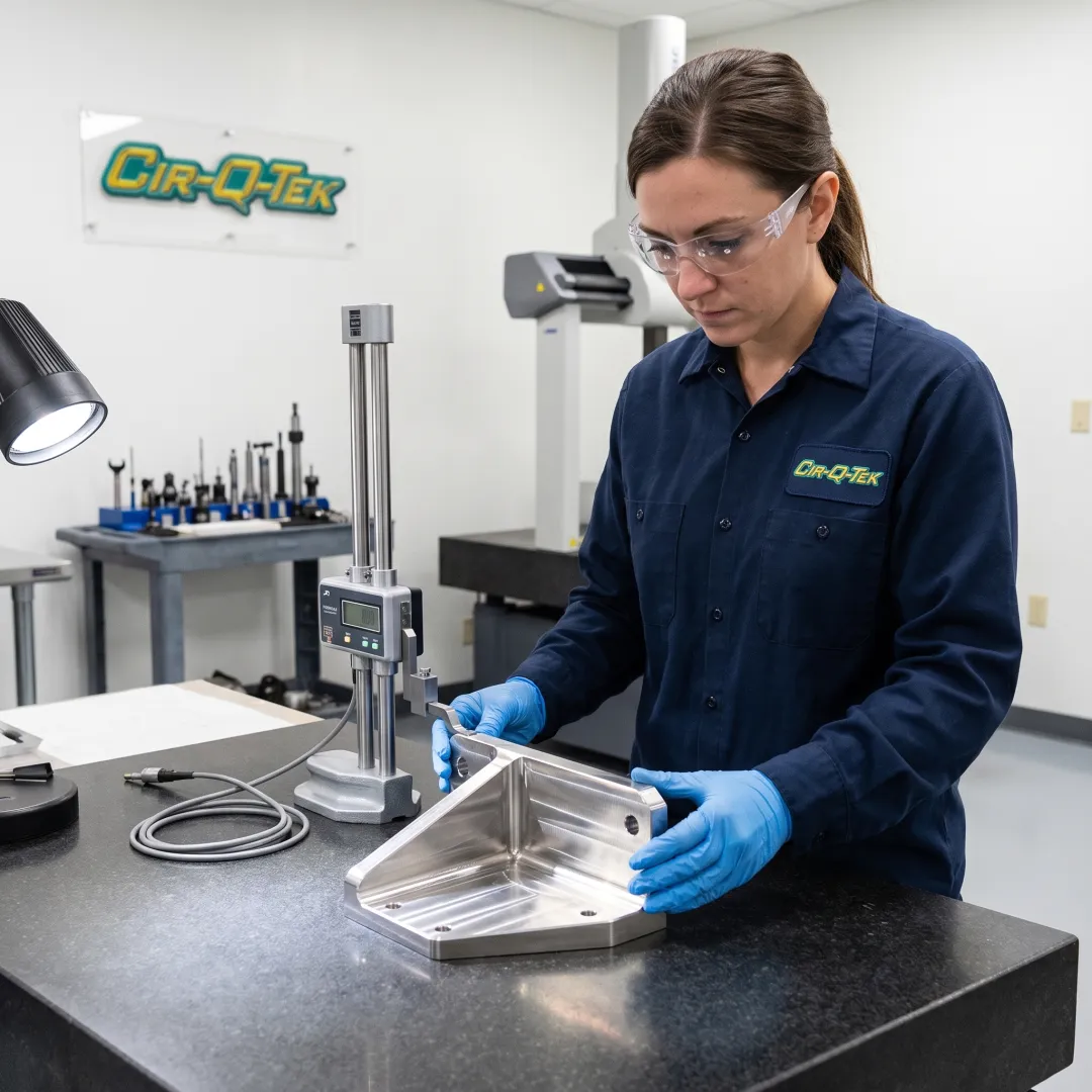 Inspector measuring a stainless steel CNC component