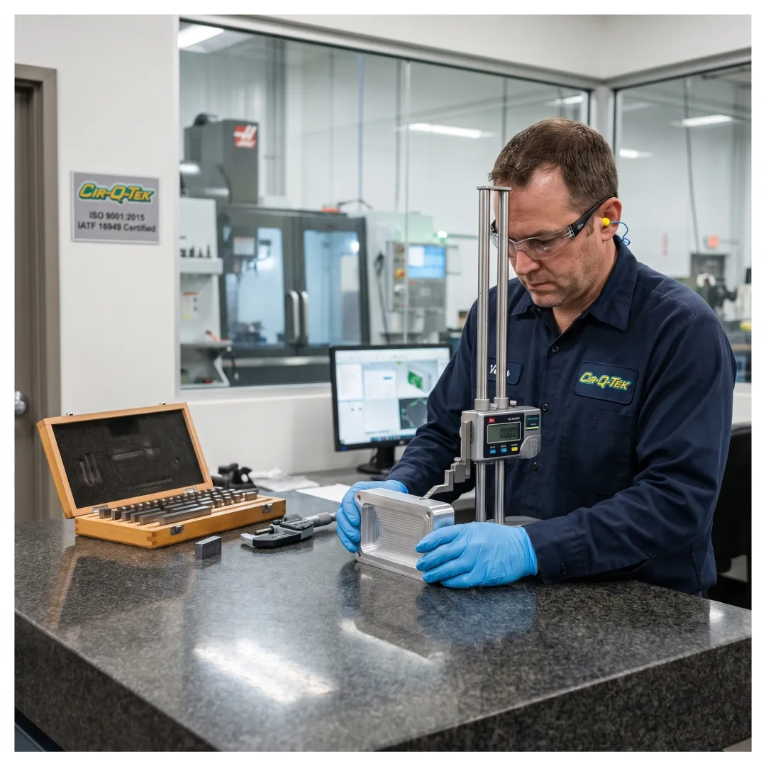 Technician inspecting a machined component