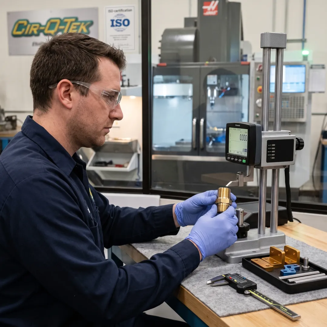 Technician inspecting a machined brass component