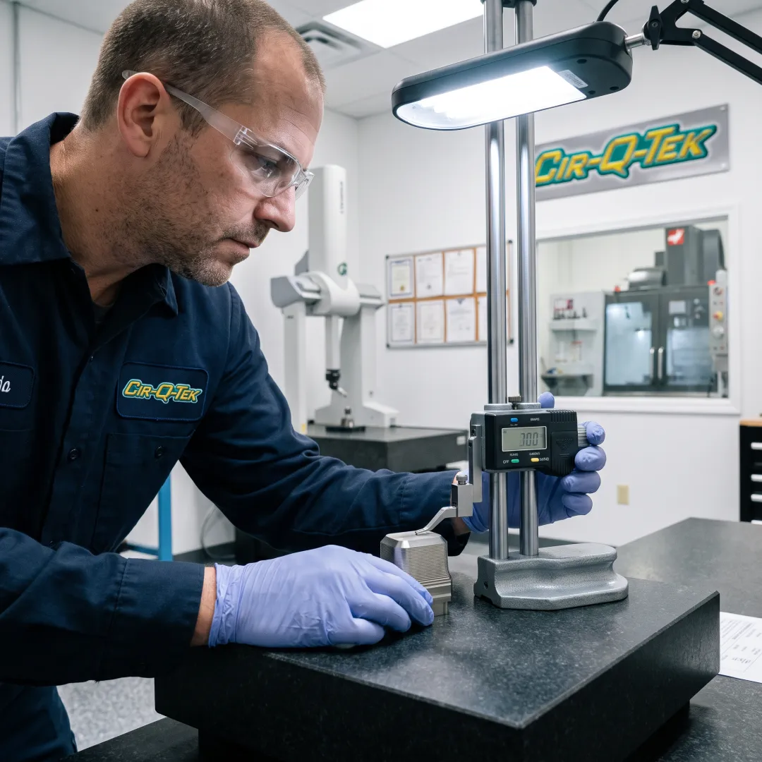 Technician inspecting a precision titanium component