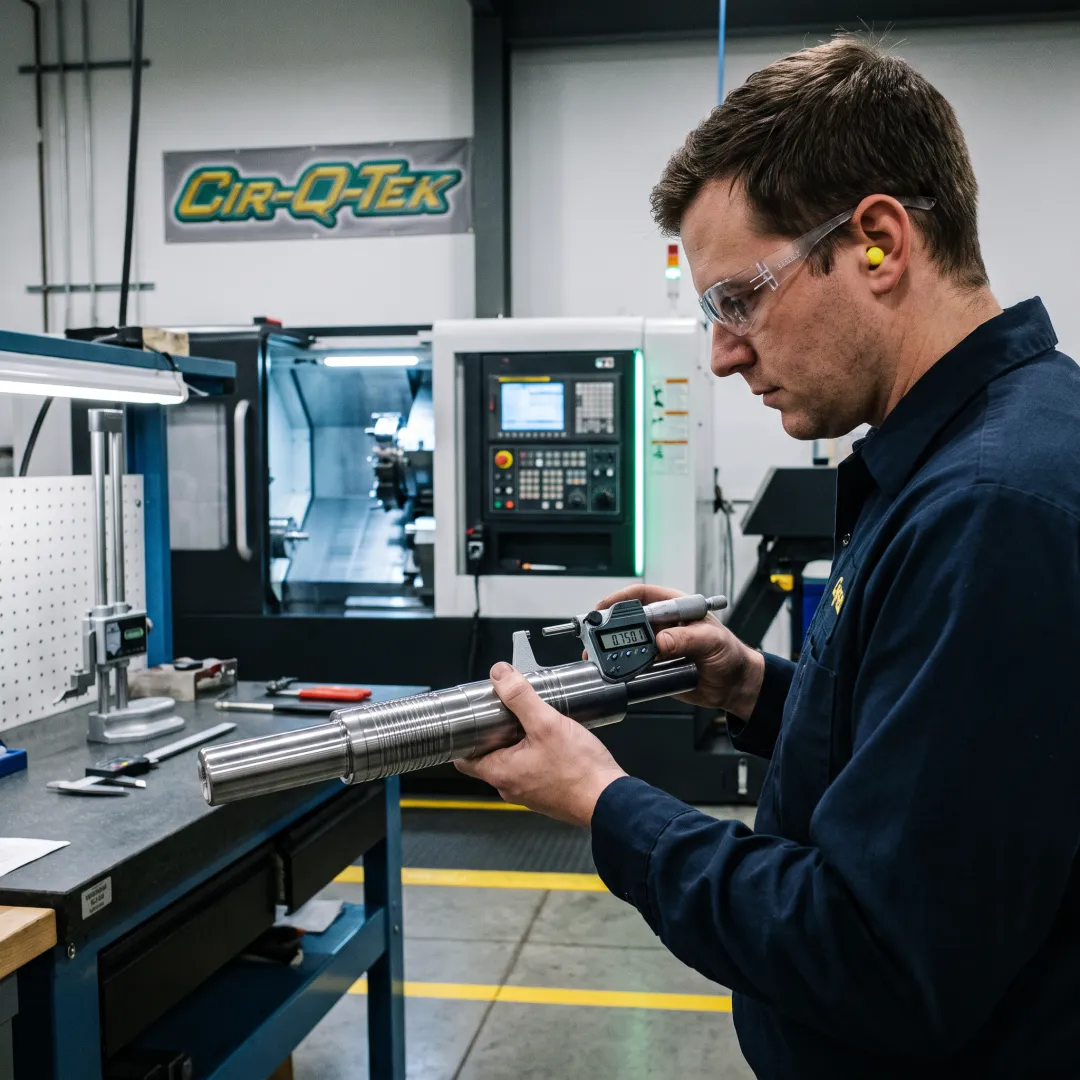 Technician inspecting a precision turned part