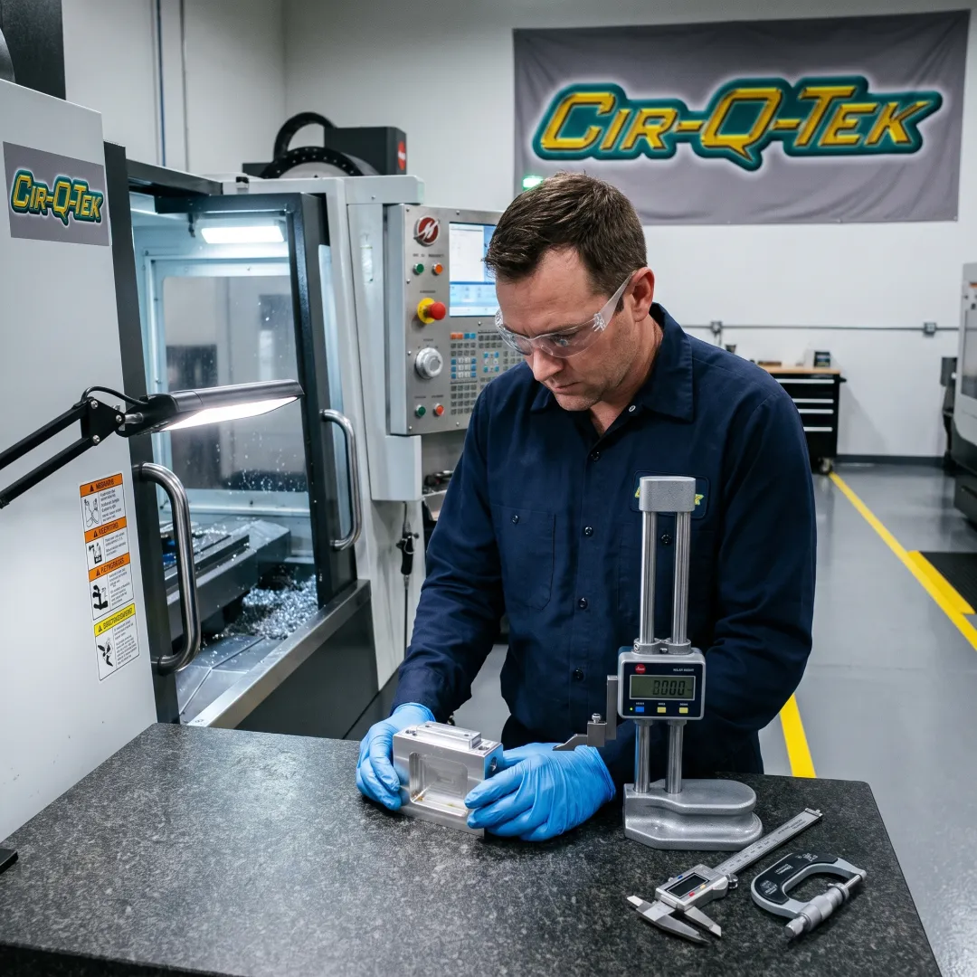 Machinist inspecting a precision CNC part