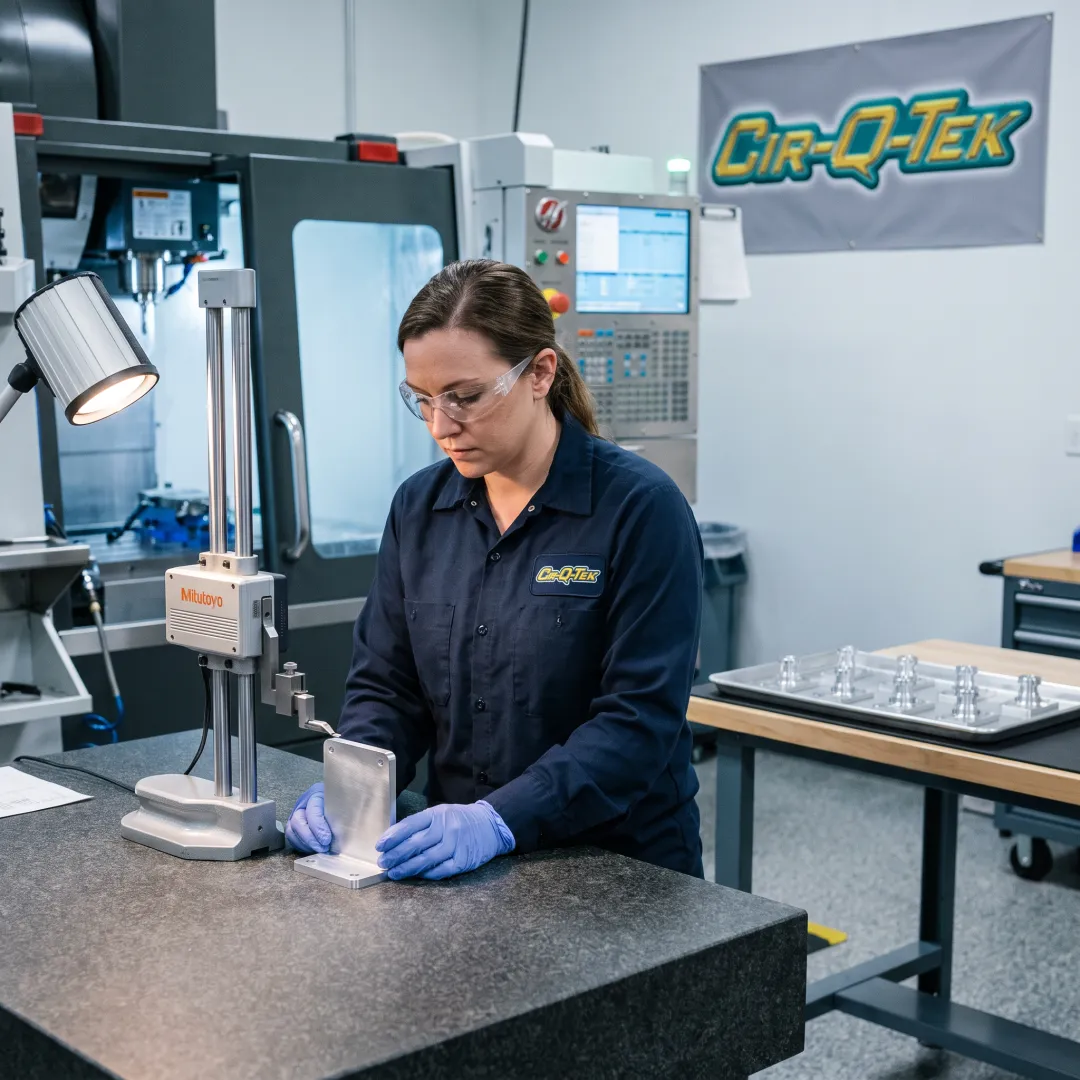 Machinist inspecting a precision CNC-machined component
