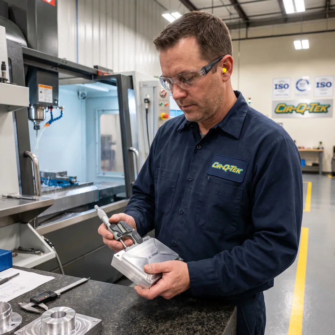 Technician inspecting a CNC-machined component