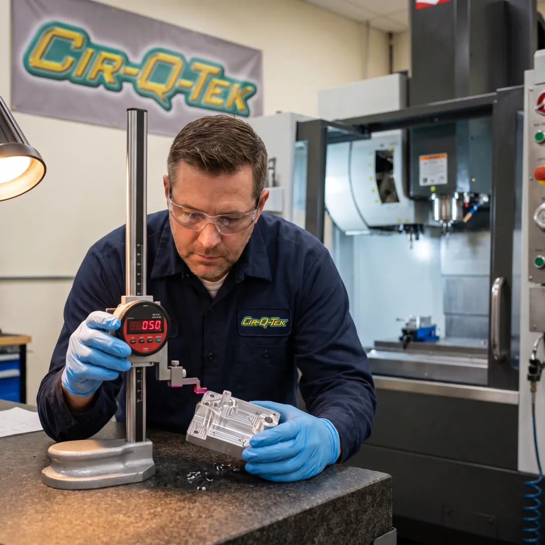 Technician inspecting a CNC-machined component