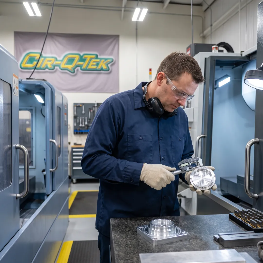 Engineer reviewing a machined metal part