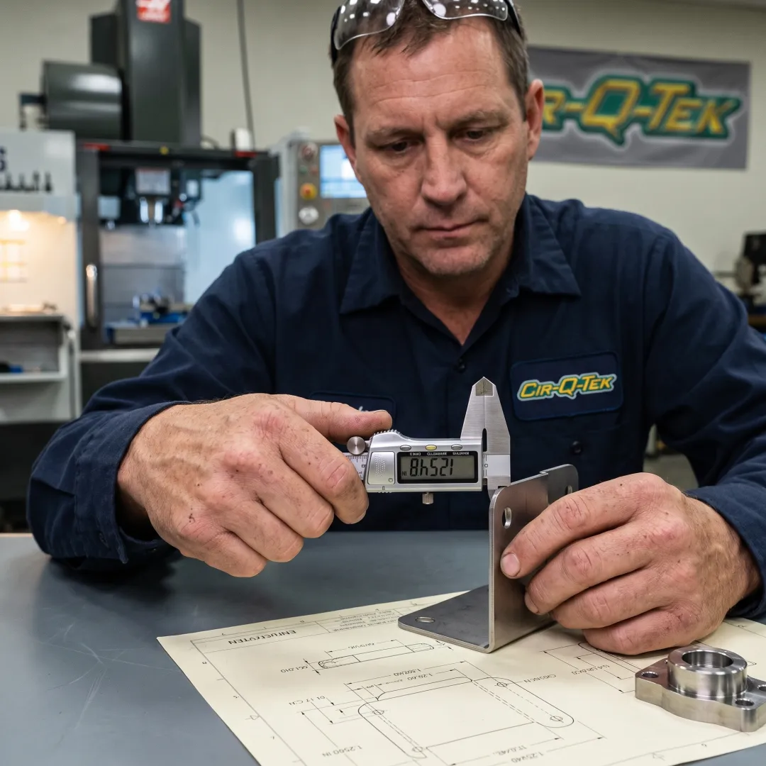 Technician inspecting a formed sheet metal prototype