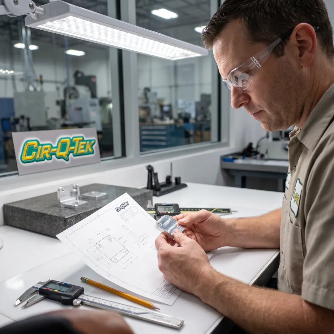 Engineer reviewing metal component drawings and samples