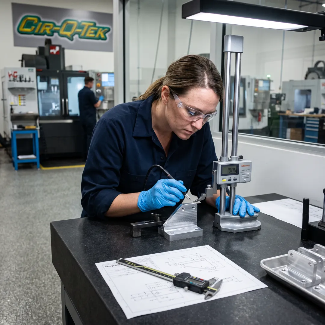 Inspector measuring a machined metal part