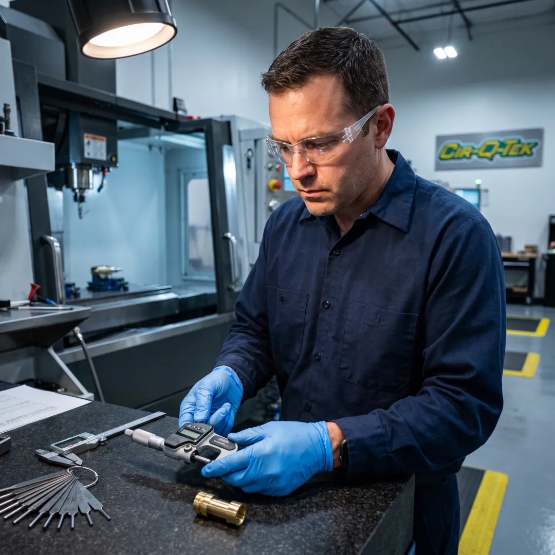 Technician inspecting a machined brass part
