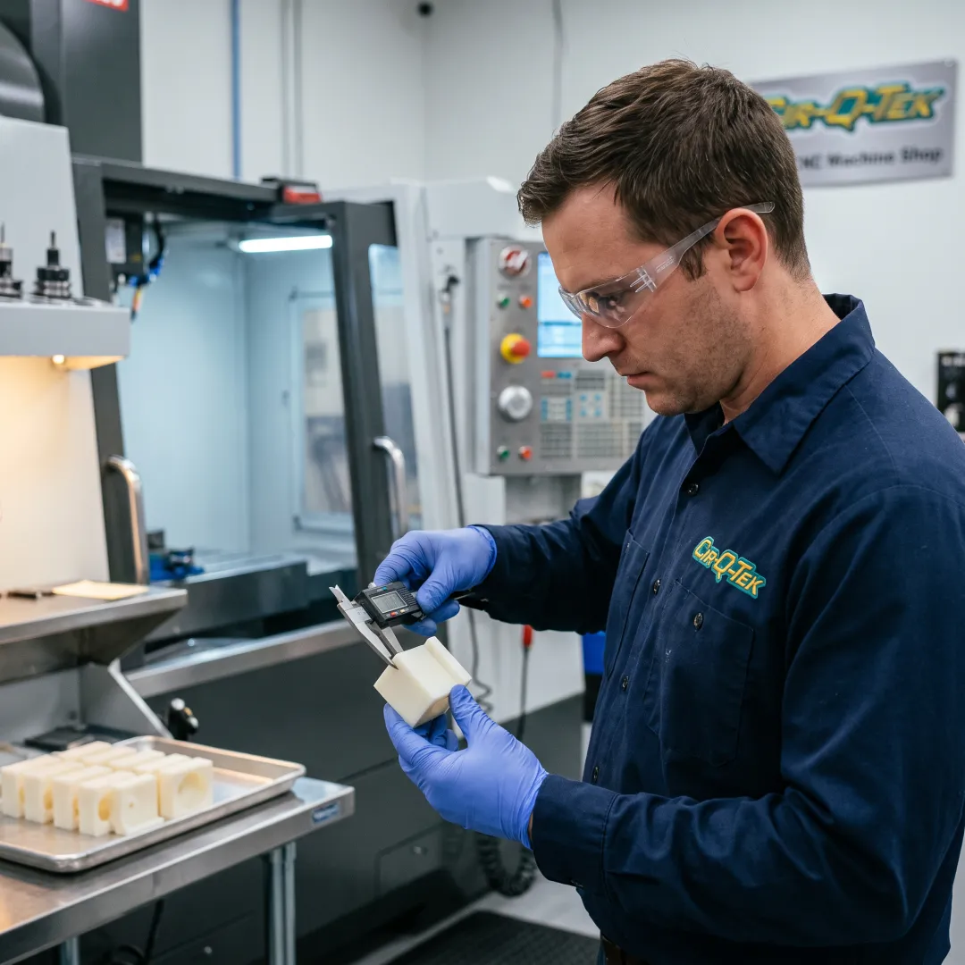 Technician inspecting a Delrin machined part