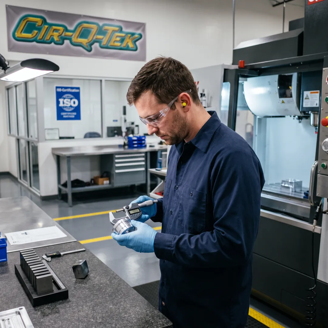 Technician inspecting a CNC-milled metal part