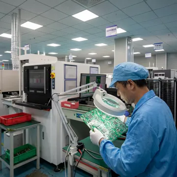 Technician inspecting a populated circuit board