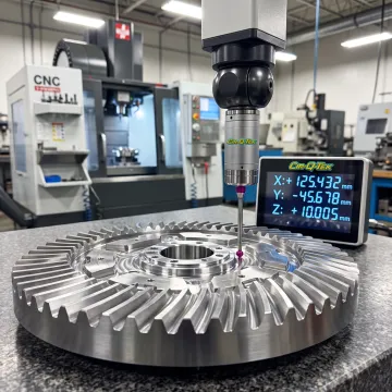 Precision machined metal component being inspected