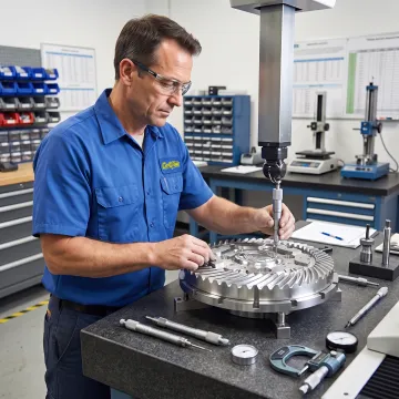 Technician inspecting a machined aluminum part