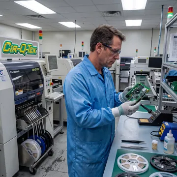 Technician inspecting a populated circuit board