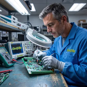 Technician inspecting a medical circuit board assembly