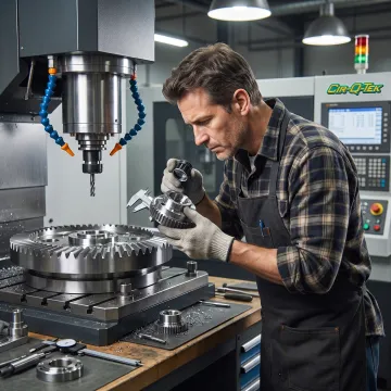 CNC machinist inspecting a precision metal component