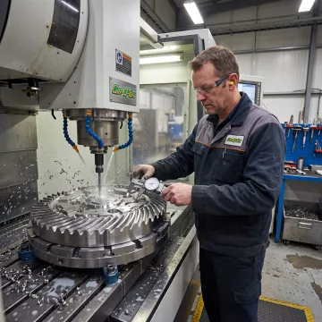 CNC machinist inspecting a precision metal component