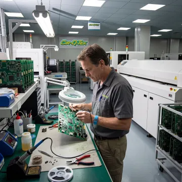 Technician inspecting a printed circuit board assembly