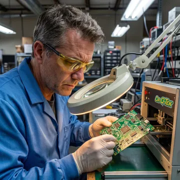 Technician inspecting a micro printed circuit board
