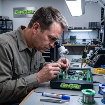 Technician inspecting a populated circuit board