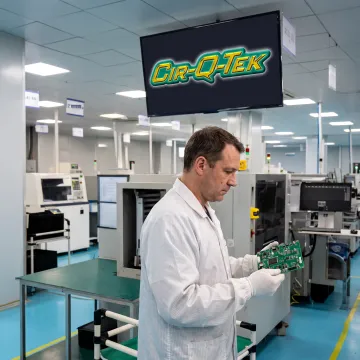 Technician inspecting a populated circuit board