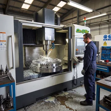 Precision CNC machine producing a metal component