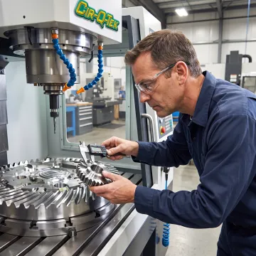 Machinist inspecting a precision machined part