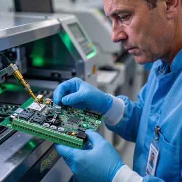 Technician inspecting a populated circuit board