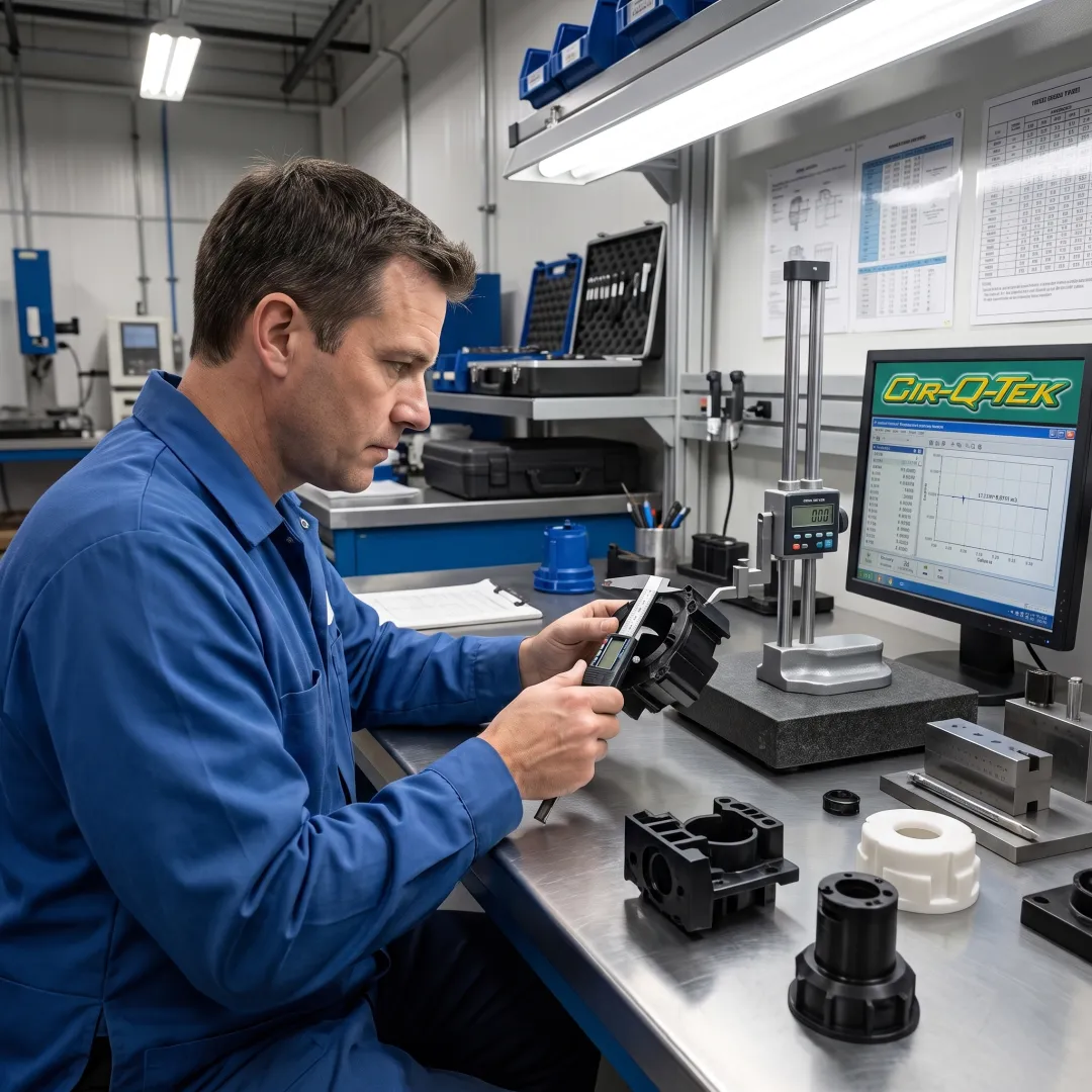 Technician inspecting machined plastic components