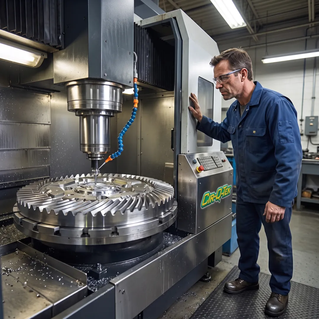 Multi-axis CNC machine producing a precision metal part