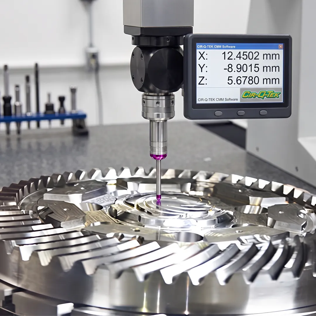 Precision-machined metal component being inspected