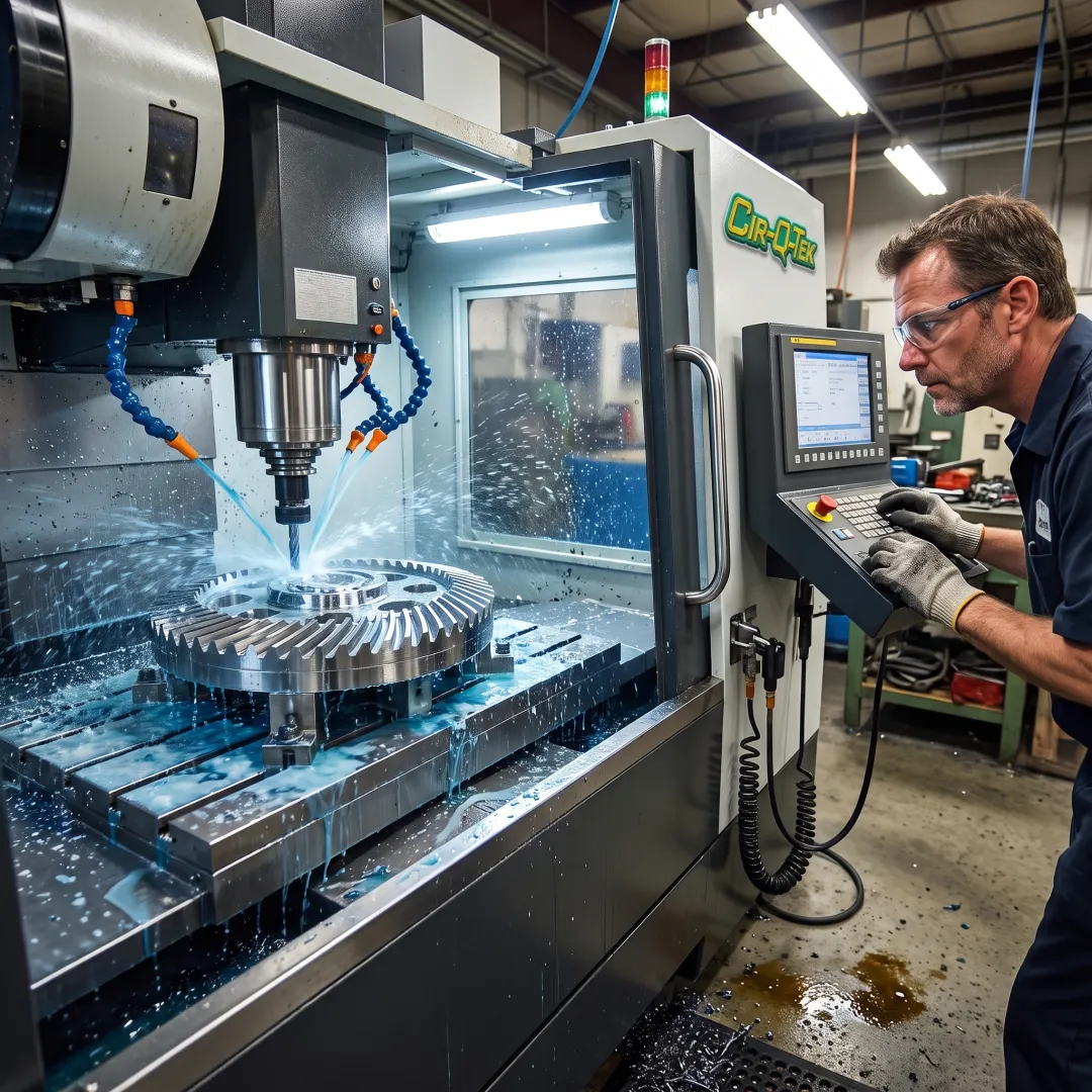 CNC machine producing a complex metal part