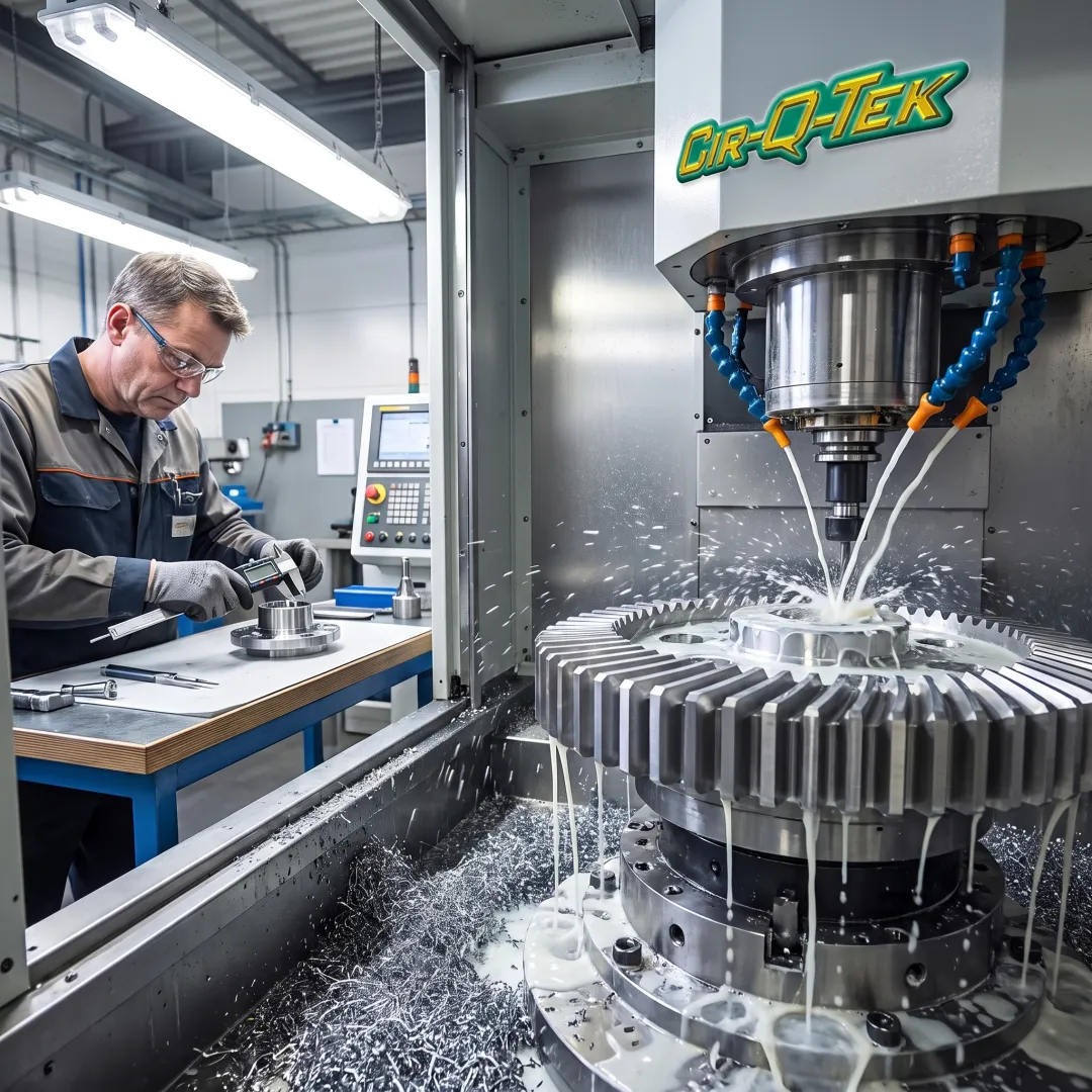 CNC machinist inspecting a precision metal component