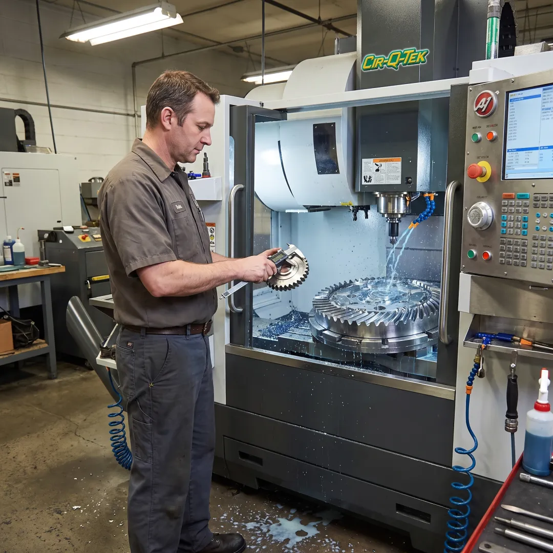 CNC machinist inspecting a precision metal part