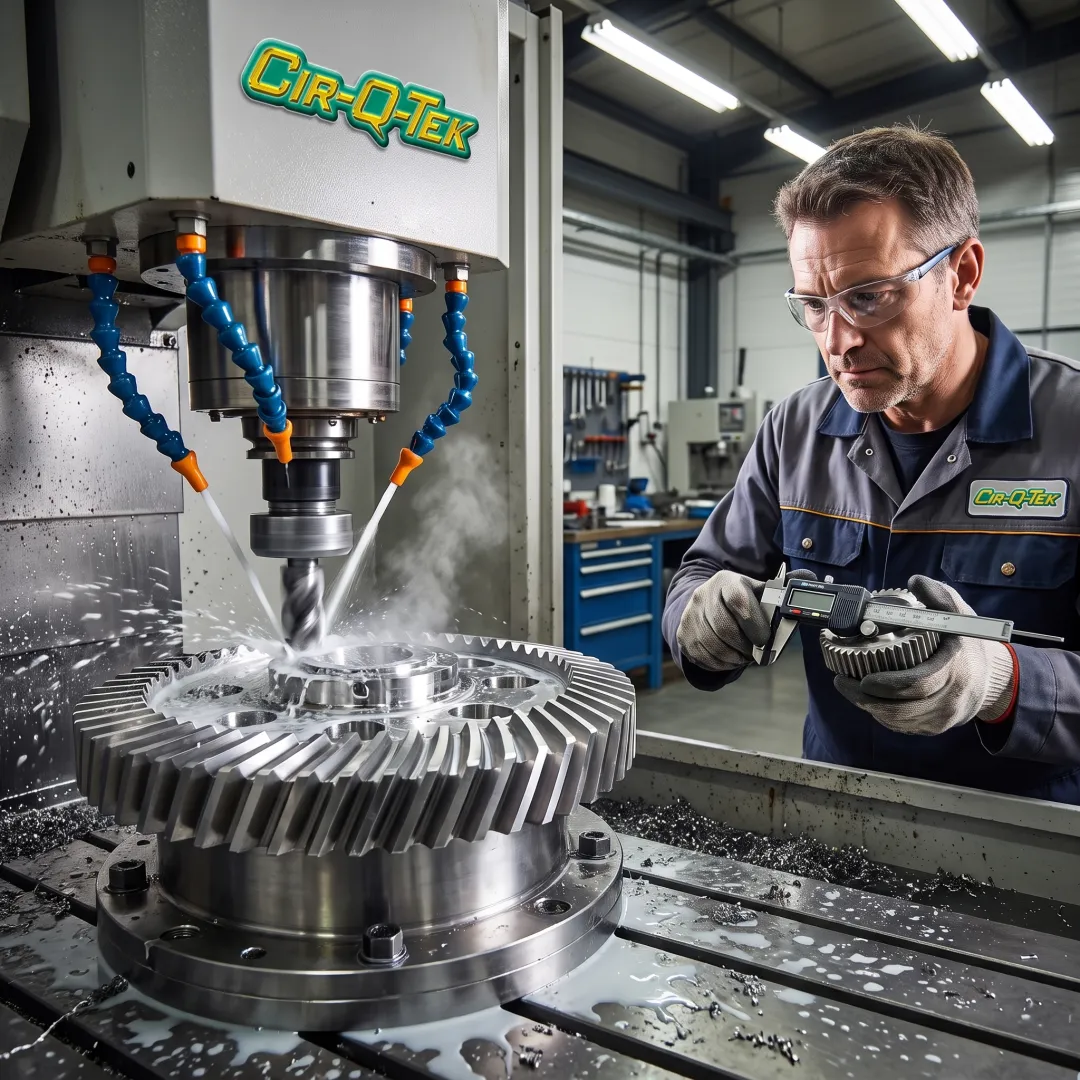 CNC machinist inspecting a precision metal component