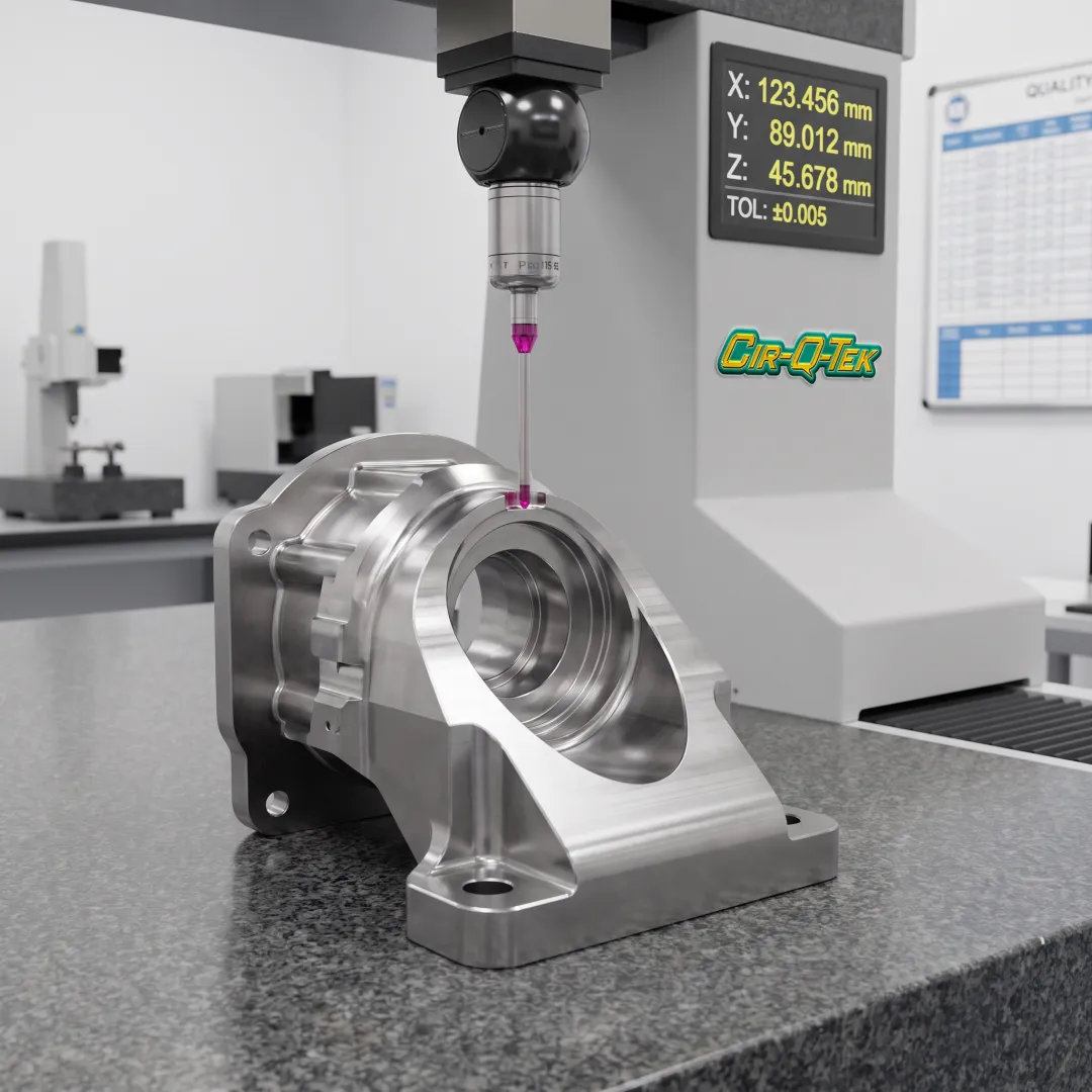 Precision machined component measured with metrology equipment
