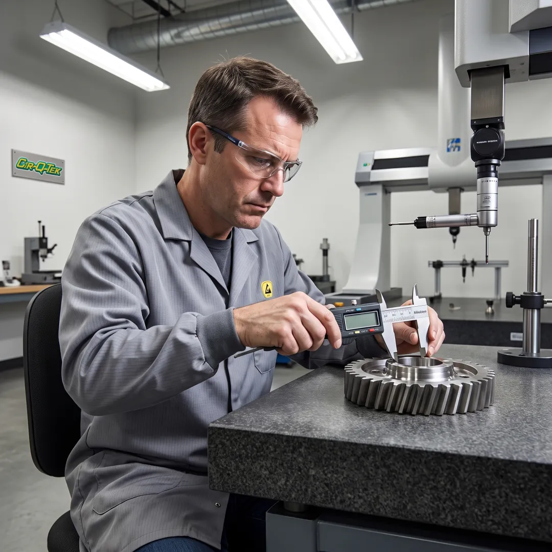 Technician inspecting a stainless steel machined part