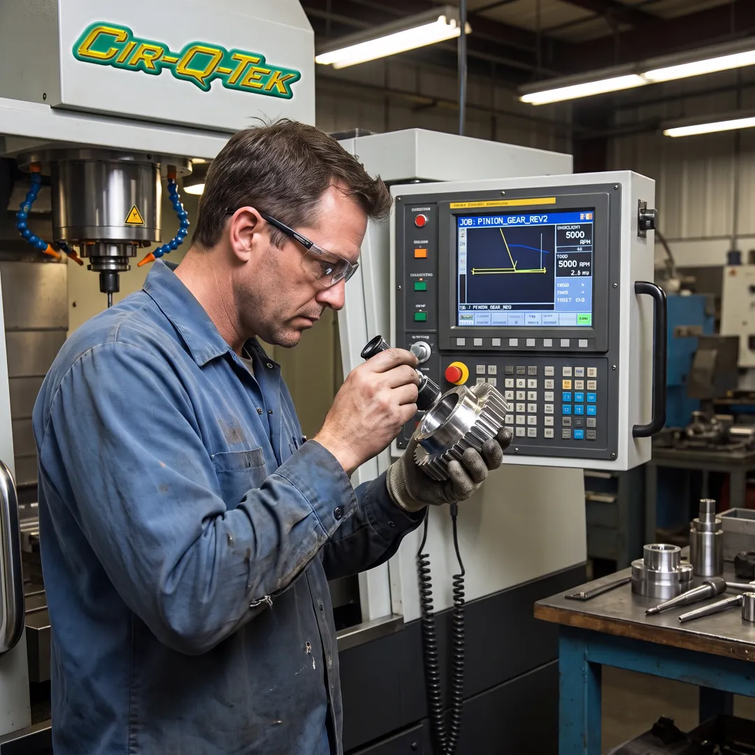 Technician operating a precision CNC machine