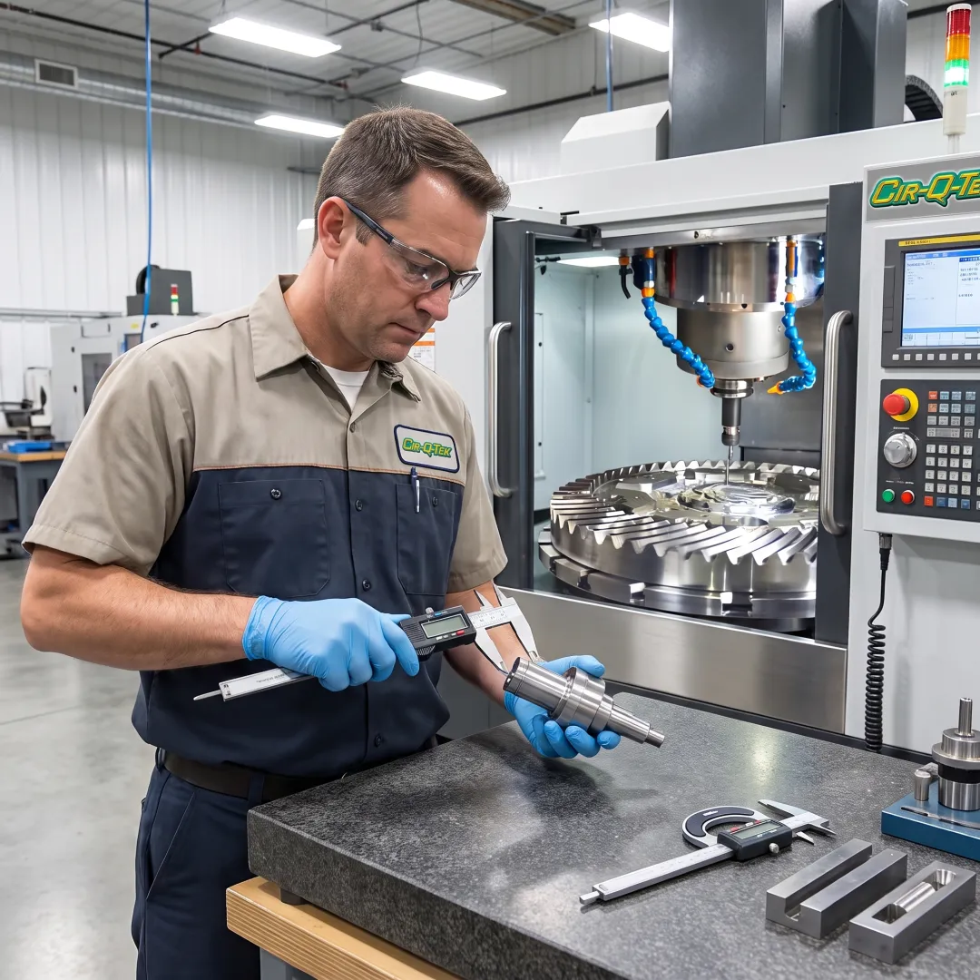 Technician inspecting a precision machined component