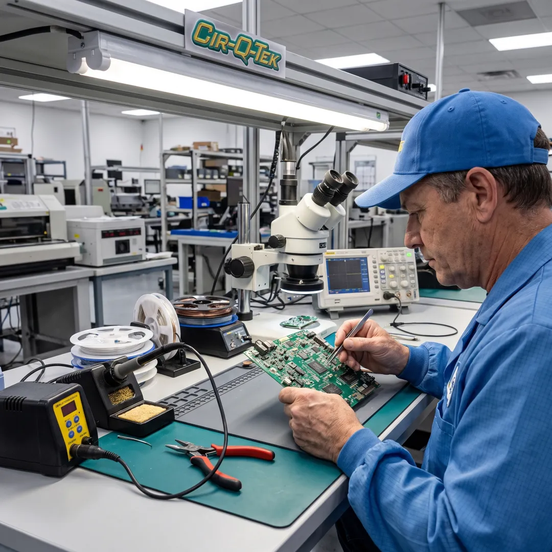 Technician inspecting a low volume PCB assembly
