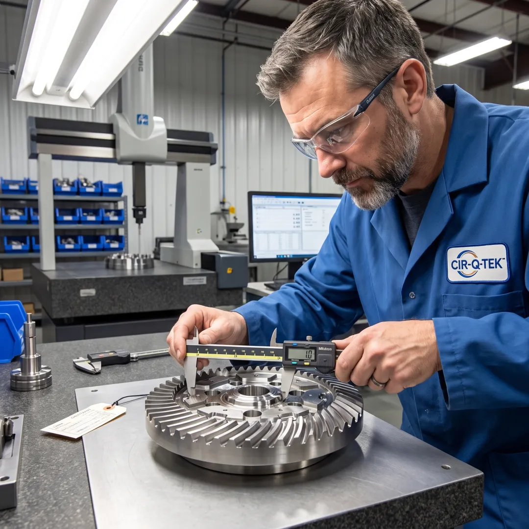 Technician inspecting a machined stainless steel part