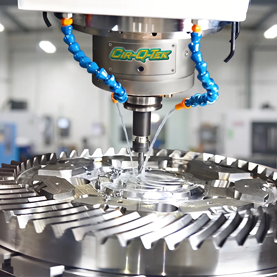 Precision CNC machine producing a custom metal part