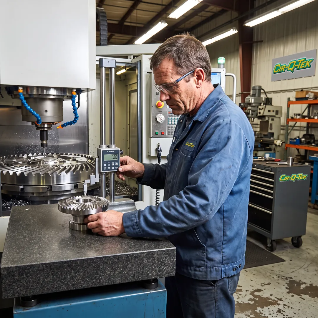 Technician inspecting a precision-machined component